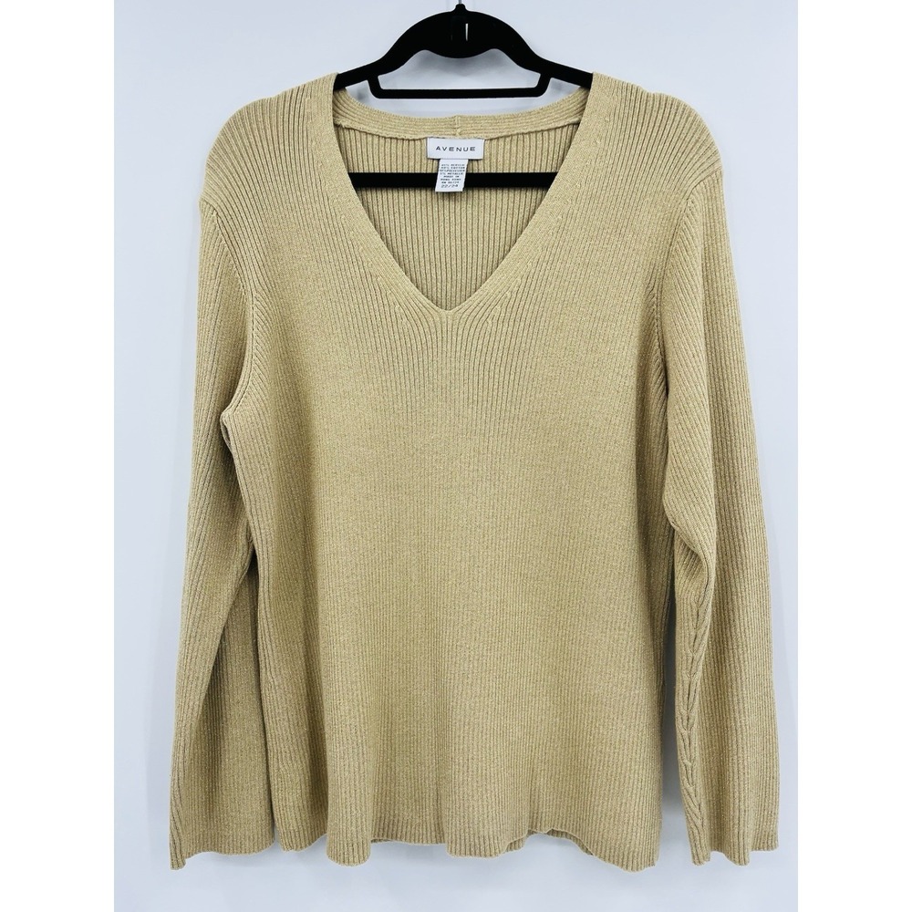 Vintage Avenue Lane Bryant‎ V-Neck Ribbed Sweater Size 22 /24 Metallic Gold Y2K